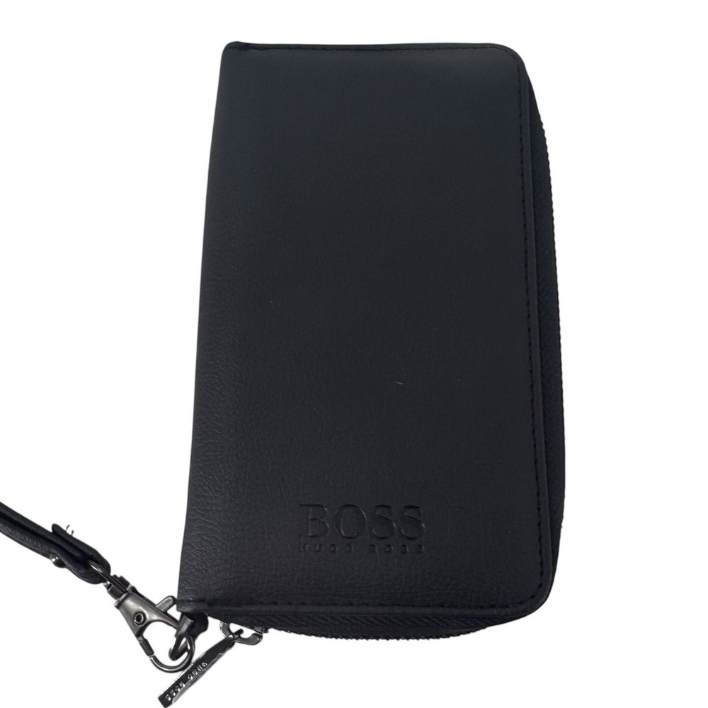 Hugo Boss Mens Black Leather Zip Around Travel Wallet Wristlet Organizer Logo